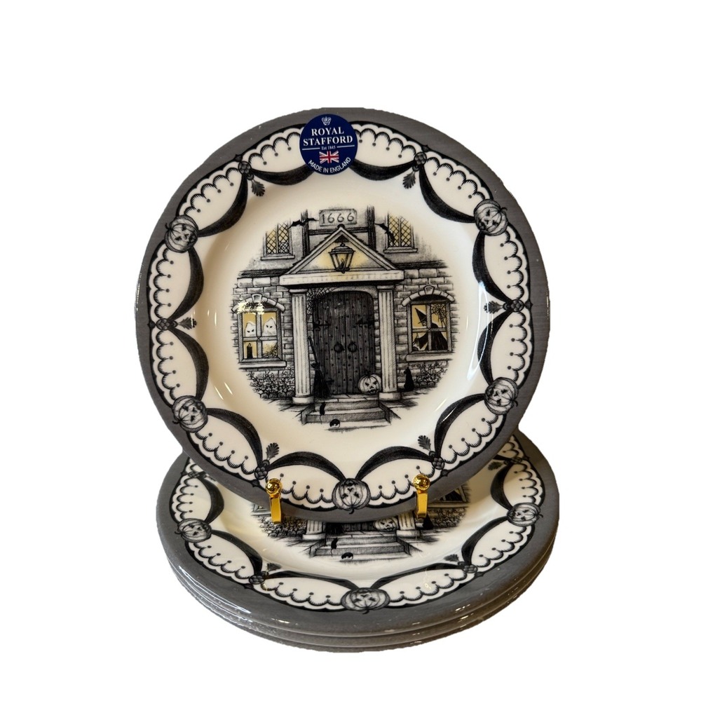 Set of 4 Royal Stafford‎ 1666 Haunted  House 8 1/2" Salad / Dessert Plates